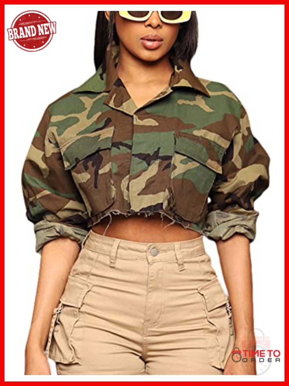 Cropped Denim Bomber Jacket Camouflage Army Fatigue Coat Casual Women